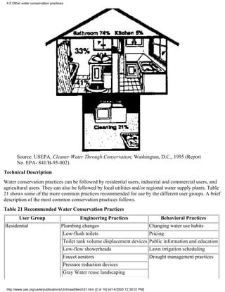 4.5 Other water conservation practices




       Source: USEPA, Cleaner Water Through Conservation, Washington, D.C., 1995 (Report
       No. EPA- 841/B-95-002).
Technical Description
Water conservation practices can be followed by residential users, industrial and commercial users, and
agricultural users. They can also be followed by local utilities and/or regional water supply plants. Table
21 shows some of the more common practices recommended for use by the different user groups. A brief
description of the most common conservation practices follows.
Table 21 Recommended Water Conservation Practices
      User Group                               Engineering Practices                Behavioral Practices
Residential                          Plumbing changes                         Changing water use habits
                                      Low-flush toilets                       Pricing
                                      Toilet tank volume displacement devices Public information and education
                                      Low-flow showerheads                                     Lawn irrigation scheduling
                                      Faucet aerators                                          Drought management practices
                                      Pressure reduction devices
                                      Gray Water reuse landscaping


 http://www.oas.org/usde/publications/Unit/oea59e/ch31.htm (2 of 16) [4/14/2000 12:38:01 PM]
 