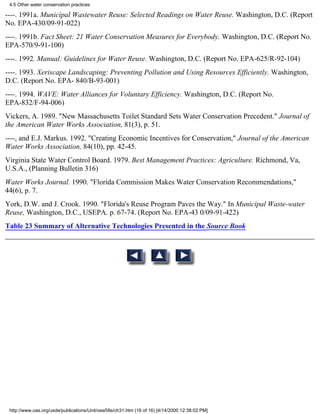 4.5 Other water conservation practices

----. 1991a. Municipal Wastewater Reuse: Selected Readings on Water Reuse. Washington, D.C. (Report
No. EPA-430/09-91-022)
----. 1991b. Fact Sheet: 21 Water Conservation Measures for Everybody. Washington, D.C. (Report No.
EPA-570/9-91-100)
----. 1992. Manual: Guidelines for Water Reuse. Washington, D.C. (Report No. EPA-625/R-92-104)
----. 1993. Xeriscape Landscaping: Preventing Pollution and Using Resources Efficiently. Washington,
D.C. (Report No. EPA- 840/B-93-001)
----. 1994. WAVE: Water Alliances for Voluntary Efficiency. Washington, D.C. (Report No.
EPA-832/F-94-006)
Vickers, A. 1989. "New Massachusetts Toilet Standard Sets Water Conservation Precedent." Journal of
the American Water Works Association, 81(3), p. 51.
----, and E.J. Markus. 1992. "Creating Economic Incentives for Conservation," Journal of the American
Water Works Association, 84(10), pp. 42-45.
Virginia State Water Control Board. 1979. Best Management Practices: Agriculture. Richmond, Va,
U.S.A., (Planning Bulletin 316)
Water Works Journal. 1990. "Florida Commission Makes Water Conservation Recommendations,"
44(6), p. 7.
York, D.W. and J. Crook. 1990. "Florida's Reuse Program Paves the Way." In Municipal Waste-water
Reuse, Washington, D.C., USEPA. p. 67-74. (Report No. EPA-43 0/09-91-422)
Table 23 Summary of Alternative Technologies Presented in the Source Book




 http://www.oas.org/usde/publications/Unit/oea59e/ch31.htm (16 of 16) [4/14/2000 12:38:02 PM]
 