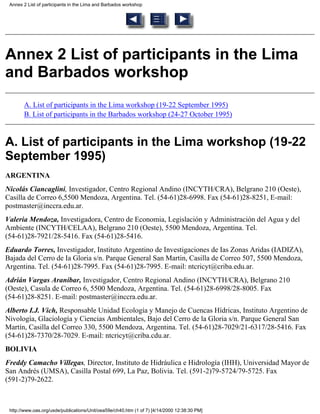 Annex 2 List of participants in the Lima and Barbados workshop




Annex 2 List of participants in the Lima
and Barbados workshop
       A. List of participants in the Lima workshop (19-22 September 1995)
       B. List of participants in the Barbados workshop (24-27 October 1995)



A. List of participants in the Lima workshop (19-22
September 1995)
ARGENTINA
Nicolás Ciancaglini, Investigador, Centro Regional Andino (INCYTH/CRA), Belgrano 210 (Oeste),
Casilla de Correo 6,5500 Mendoza, Argentina. Tel. (54-61)28-6998. Fax (54-61)28-8251, E-mail:
postmaster@inccra.edu.ar.
Valeria Mendoza, Investigadora, Centro de Economia, Legislación y Administración del Agua y del
Ambiente (INCYTH/CELAA), Belgrano 210 (Oeste), 5500 Mendoza, Argentina. Tel.
(54-61)28-7921/28-5416. Fax (54-61)28-5416.
Eduardo Torres, Investigador, Instituto Argentino de Investigaciones de Ias Zonas Aridas (IADIZA),
Bajada del Cerro de Ia Gloria s/n. Parque General San Martin, Casilla de Correo 507, 5500 Mendoza,
Argentina. Tel. (54-61)28-7995. Fax (54-61)28-7995. E-mail: ntcricyt@criba.edu.ar.
Adrián Vargas Araníbar, Investigador, Centro Regional Andino (INCYTH/CRA), Belgrano 210
(Oeste), Casula de Correo 6, 5500 Mendoza, Argentina. Tel. (54-61)28-6998/28-8005. Fax
(54-61)28-8251. E-mail: postmaster@inccra.edu.ar.
Alberto I.J. Vich, Responsable Unidad Ecología y Manejo de Cuencas Hídricas, Instituto Argentino de
Nivología, Glaciología y Ciencias Ambientales, Bajo del Cerro de la Gloria s/n. Parque General San
Martín, Casilla del Correo 330, 5500 Mendoza, Argentina. Tel. (54-61)28-7029/21-6317/28-5416. Fax
(54-61)28-7370/28-7029. E-mail: ntcricyt@criba.cdu.ar.
BOLIVIA
Freddy Camacho Villegas, Director, Instituto de Hidráulica e Hidrología (IHH), Universidad Mayor de
San Andrés (UMSA), Casilla Postal 699, La Paz, Bolivia. Tel. (591-2)79-5724/79-5725. Fax
(591-2)79-2622.



 http://www.oas.org/usde/publications/Unit/oea59e/ch40.htm (1 of 7) [4/14/2000 12:38:30 PM]
 