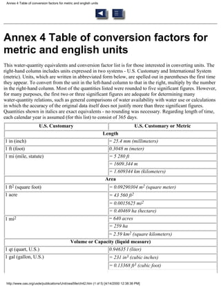 Annex 4 Table of conversion factors for metric and english units




Annex 4 Table of conversion factors for
metric and english units
This water-quantity equivalents and conversion factor list is for those interested in converting units. The
right-hand column includes units expressed in two systems - U.S. Customary and International System
(metric). Units, which are written in abbreviated form below, are spelled out in parentheses the first time
they appear. To convert from the unit in the left-hand column to that in the right, multiply by the number
in the right-hand column. Most of the quantities listed were rounded to five significant figures. However,
for many purposes, the first two or three significant figures are adequate for determining many
water-quantity relations, such as general comparisons of water availability with water use or calculations
in which the accuracy of the original data itself does not justify more than three significant figures.
Quantities shown in italics are exact equivalents - no rounding was necessary. Regarding length of time,
each calendar year is assumed (for this list) to consist of 365 days.
                       U.S. Customary                                                  U.S. Customary or Metric
                                                                    Length
1 in (inch)                                                           = 25.4 mm (millimeters)
1 ft (foot)                                                           0.3048 m (meter)
1 mi (mile, statute)                                                  = 5 280 ft
                                                                      = 1609.344 m
                                                                      = 1.609344 km (kilometers)
                                                                     Area
1 ft2 (square foot)                                                   = 0.09290304 m2 (square meter)
1 acre                                                                = 43 560 ft2
                                                                      = 0.0015625 mi2
                                                                      = 0.40469 ha (hectare)
1 mi2                                                                 = 640 acres
                                                                      = 259 ha
                                                             = 2.59 km2 (square kilometers)
                                             Volume or Capacity (liquid measure)
1 qt (quart, U.S.)                                           0.94635 l (liter)
1 gal (gallon, U.S.)                                                  = 231 in3 (cubic inches)
                                                                      = 0.13368 ft3 (cubic foot)


 http://www.oas.org/usde/publications/Unit/oea59e/ch42.htm (1 of 5) [4/14/2000 12:38:36 PM]
 