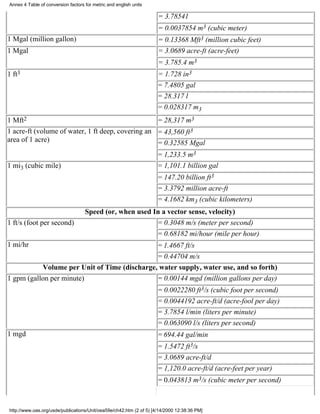 Annex 4 Table of conversion factors for metric and english units

                                                                     = 3.78541
                                                                     = 0.0037854 m3 (cubic meter)
1 Mgal (million gallon)                                              = 0.13368 Mft3 (million cubic feet)
1 Mgal                                                               = 3.0689 acre-ft (acre-feet)
                                                                     = 3.785.4 m3
1 ft3                                                                = 1.728 in3
                                                                     = 7.4805 gal
                                                                     = 28.317 l
                                                                     = 0.028317 m3
1 Mft2                                             = 28,317 m3
1 acre-ft (volume of water, 1 ft deep, covering an = 43,560 ft3
area of 1 acre)                                    = 0.32585 Mgal
                                                                     = 1,233.5 m3
1 mi3 (cubic mile)                                                   = 1,101.1 billion gal
                                                                     = 147.20 billion ft3
                                                                     = 3.3792 million acre-ft
                                                                     = 4.1682 km3 (cubic kilometers)
                                    Speed (or, when used In a vector sense, velocity)
1 ft/s (foot per second)                                   = 0.3048 m/s (meter per second)
                                                           = 0.68182 mi/hour (mile per hour)
1 mi/hr                                       = 1.4667 ft/s
                                              = 0.44704 m/s
           Volume per Unit of Time (discharge, water supply, water use, and so forth)
1 gpm (gallon per minute)                     = 0.00144 mgd (million gallons per day)
                                                                     = 0.0022280 ft3/s (cubic foot per second)
                                                                     = 0.0044192 acre-ft/d (acre-fool per day)
                                                                     = 3.7854 l/min (liters per minute)
                                                                     = 0.063090 l/s (liters per second)
1 mgd                                                                = 694.44 gal/min
                                                                     = 1.5472 ft3/s
                                                                     = 3.0689 acre-ft/d
                                                                     = 1,120.0 acre-ft/d (acre-feet per year)
                                                                     = 0.043813 m3/s (cubic meter per second)



http://www.oas.org/usde/publications/Unit/oea59e/ch42.htm (2 of 5) [4/14/2000 12:38:36 PM]
 
