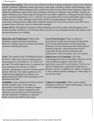 7. Recommendations

Technical Description: There are several different artificial recharge techniques used in Latin America
and the Caribbean: infiltration basins and canals; water traps; cutwaters; surface runoff drainage wells;
septic tank system effluent disposal wells; and the diversion of excess flows from irrigation canals into
sinkholes. Infiltration canals utilize high circulation velocities to eliminate waste buildup, resulting in
higher infiltration rates. Water traps are designed for use under conditions of infrequent rainfall and are
used to increase productivity in-situ. Cutwaters are excavations built on top of permeable strata in areas
without rivers or creeks. Drainage wells divert runoff for storage purposes. Soak-aways utilize
wastewater discharged from septic tanks. Sinkhole injection of excess flows diverts water flow into a
reception basin, where the water is treated and recharged.
Extent of Use: The different variations of this technology have been widely used throughout Latin
America and the Caribbean. Use will most likely increase as water demands increase and surface water
resources become less available.

Operation and Maintenance: Most of the               Level of Involvement: There is extensive
techniques require minimal maintenance.              participation by both governments and the private
However, sinkhole injection systems can require      sector in the implementation of this technology.
extensive cleaning and repairs.                      Generally, the government provides financing and
                                                     technical expertise, while the private sector is
                                                     responsible for the initial development and
                                                     maintenance of the technology once it is in place.
Costs: The reported costs of infiltration basins is Effectiveness of Technology: All of the
$0.20/m3, while water traps in Argentina have        technologies have been successfully utilized over the
been reported to cost between $ 13 3 and $ 167 years in different regions. Some have been
per trap. The initial capital cost of a cutwater has particularly successful in arid regions. The low cost
been estimated at $6 300 for a 5 700 m3              and low maintenance requirements make this an
cutwater; maintenance costs for cutwaters tend to attractive option. In addition, the salinity in aquifers
decline with time. The initial capital cost of a     is often reduced, thereby leading to a wider range of
sinkhole-based application in Jamaica was            uses for the water.
approximately $15 000, with maintenance costs
estimated at $6 000.
Suitability: Some variations are better suited to Cultural Acceptability: There are no cultural
specific climatic zones: water traps are             limitations on the use of these technologies. They are
successful in arid regions; cutwaters, because       a well-accepted practices.
they are primarily used in conjunction with
rainwater, are successful in more humid areas;
and the utilization of sinkholes as injection
points is most successful in karst areas.




http://www.oas.org/usde/publications/Unit/oea59e/ch09.htm (17 of 37) [4/14/2000 12:36:20 PM]
 