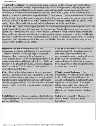 7. Recommendations

Technical Description: Two applications of native plants are used to improve water quality. Bean,
peach, or coconut seeds are used to prepare solutions that act as coagulant or clarifying agents. The
second application involves the use of aquatic plants such as cattails, totora, water hyacinths, and
duckweeds in wetland ecosystems to purify water and treat wastes. Aquatic plants can absorb many
chemical compounds and remove suspended solids. For this system, 1 m2 of plants is required for each
m3/day of water treated. Factors to be considered when designing the system include the volume and
flow rate of water to be treated, the initial concentrations of chemicals in the water, the desired water
quality of the effluent to be discharged, and any subsequent use of the treated water.
Extent of Use: The use of native plant materials for water treatment is prevalent throughout Central and
South America for treatment of river water for domestic use. Aquatic plants are a low-cost, low-energy
system that is particularly well suited to hot climates. A number of water-hyacinth-based systems are
being used in Mexico to remove chemical contaminants from water, and totora is used in both Bolivia
and Peru to treat wastewater from small communities. Wetland systems may have potential for treating
wastewater from larger communities. Wetlands may also be of use as a means of pretreating surface
waters prior to use for domestic supply.

Operation and Maintenance: Operation and                                        Level of Involvement: This technology is
maintenance are simple and there are few requirements.                          utilized primarily by the private sector in
The totora treatment system may require infrequent                              rural areas, and by universities and
harvesting plants or dredging the sediments; the                                governments for research and development
water-hyacinth-based system requires regular removal of                         purposes. Some governments have
excess plants and the addition of a low levels of chlorine                      dedicated financial and technical resources
to disinfect the effluent. In wetlands, mosquito breeding                       to the development of aquatic plant systems
should be avoided. This is easy to do if personnel are                          for wastewater treatment.
aware of mosquito habitats.
Costs: There is little information on the seed treatment   Effectiveness of Technology: Seed
systems. The main cost involves acquiring the seeds. The   treatment has proved particularly effective
costs for implementation, operation, and management of     in the clarification of turbid waters. In
the totora system range from insignificant in Bolivia to   general, the higher the initial turbidity, the
$65 000 per system in Peru. The cost of wetland treatment  higher the rate of removal. With aquatic
systems rises in proportion to the amount of wastewater    plants, heavy metals can be removed very
treated.                                                   quickly, while the absorption of other
                                                           elements may require a longer retention
                                                           time.
Suitability: In areas with concentrations of plants having Cultural Acceptability: There are no
coagulant properties and/or areas where wetlands exist or cultural barriers to the use of this
can be established.                                        technology.




http://www.oas.org/usde/publications/Unit/oea59e/ch09.htm (23 of 37) [4/14/2000 12:36:20 PM]
 