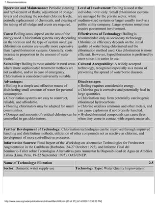 7. Recommendations

Operation and Maintenance: Periodic cleaning         Level of Involvement: Boiling is used at the
and replacement of flasks, adjustment of dosage      individual level only. Small chlorination systems
levels and checking the residual chlorine levels,    are managed by the private sector, while
periodic replacement of chemicals, and clearing of   medium-sized systems or larger usually involve a
the tubing of all sludge and crusts are required.    public utility company. Large systems sometimes
                                                     require government involvement.
Costs: Boiling costs depend on the cost of the       Effectiveness of Technology: Boiling is
energy used. Chlorination systems vary depending recommended only as secondary technology.
on the location and the type of system used: gas     Chlorination efficiency depends on the initial
chlorination systems are usually more expensive quality of water being chlorinated and the
than hypochlorination systems. Generally, costs      chlorination method used. Gas chlorination is more
increase in proportion to the amount of water        efficient. However, hypochlorination is preferred by
treated.                                             users since it is easier to use.
Suitability: Boiling is most suitable in rural areas Cultural Acceptability: A widely accepted
where more sophisticated treatment methods are technology, recognized especially as a means of
not available, and/or in case of emergency.          preventing the spread of waterborne diseases.
Chlorination is considered universally suitable.
Advantages:                                          Disadvantages:
» Boiling is a simple and effective means of         » Boiling requires considerable energy.
disinfecting small amounts of water for personal » Chlorine gas is corrosive and potentially fatal in
consumption.                                         large quantities.
» Chlorination systems are easy to construct,        » Chlorination may form potentially carcinogenic
reliable, and affordable.                            chlorinated hydrocarbons.
» Floating chlorinators may be adapted for small » Chlorine oxidizes ammonia and other metals, and
communities.                                         can cause explosions if not properly handled.
» Dosages and amounts of residual chlorine can be » Hydrochlorinated compounds can cause fires
controlled in gas chlorinators.                      when they come in contact with organic materials.

Further Development of Technology: Chlorination technologies can be improved through improved
handling and distribution methods, utilization of other compounds not as reactive as chlorine, and
development of more cost-effective processes.
Information Sources: Final Report of the Workshop on Alternative Technologies for Freshwater
Augmentation in the Caribbean (Barbados, 24-27 October 1995), and Informe Final del
Seminario-Taller sobre Tecnologías Alternativas para Aumentar la Disponibilidad de Agua en América
Latina (Lima, Peru, 19-22 September 1995), OAS/UNEP.

Name of Technology: Filtration                                                                                 2.5
Sector: Domestic water supply use                                 Technology Type: Water Quality Improvement




http://www.oas.org/usde/publications/Unit/oea59e/ch09.htm (25 of 37) [4/14/2000 12:36:20 PM]
 