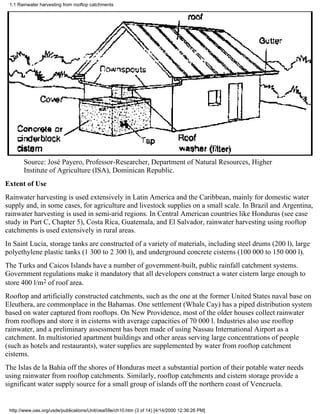 1.1 Rainwater harvesting from rooftop catchments




       Source: José Payero, Professor-Researcher, Department of Natural Resources, Higher
       Institute of Agriculture (ISA), Dominican Republic.
Extent of Use
Rainwater harvesting is used extensively in Latin America and the Caribbean, mainly for domestic water
supply and, in some cases, for agriculture and livestock supplies on a small scale. In Brazil and Argentina,
rainwater harvesting is used in semi-arid regions. In Central American countries like Honduras (see case
study in Part C, Chapter 5), Costa Rica, Guatemala, and El Salvador, rainwater harvesting using rooftop
catchments is used extensively in rural areas.
In Saint Lucia, storage tanks are constructed of a variety of materials, including steel drums (200 l), large
polyethylene plastic tanks (1 300 to 2 300 l), and underground concrete cisterns (100 000 to 150 000 l).
The Turks and Caicos Islands have a number of government-built, public rainfall catchment systems.
Government regulations make it mandatory that all developers construct a water cistern large enough to
store 400 l/m2 of roof area.
Rooftop and artificially constructed catchments, such as the one at the former United States naval base on
Eleuthera, are commonplace in the Bahamas. One settlement (Whale Cay) has a piped distribution system
based on water captured from rooftops. On New Providence, most of the older houses collect rainwater
from rooftops and store it in cisterns with average capacities of 70 000 l. Industries also use rooftop
rainwater, and a preliminary assessment has been made of using Nassau International Airport as a
catchment. In multistoried apartment buildings and other areas serving large concentrations of people
(such as hotels and restaurants), water supplies are supplemented by water from rooftop catchment
cisterns.
The Islas de la Bahía off the shores of Honduras meet a substantial portion of their potable water needs
using rainwater from rooftop catchments. Similarly, rooftop catchments and cistern storage provide a
significant water supply source for a small group of islands off the northern coast of Venezuela.


 http://www.oas.org/usde/publications/Unit/oea59e/ch10.htm (3 of 14) [4/14/2000 12:36:26 PM]
 