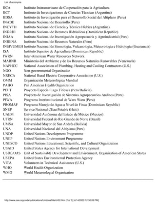 List of acronyms

IICA      Instituto Interamericano de Cooperación para la Agricultura
IICT      Instituto de Investigaciones de Ciencias Técnicas (Argentina)
IIDSA     Instituto de Investigación para el Desarrollo Social del Altiplano (Peru)
INADE     Instituto Nacional de Desarrollo (Peru)
INCYTH    Instituto Nacional de Ciencia y Técnica Hídrica (Argentina)
INDRHI    Instituto Nacional de Recursos Hidráulicos (Dominican Republic)
INIAA     Instituto Nacional de Investigación Agropecuaria y Agroindustrial (Peru)
INRENA    Instituto Nacional de Recursos Naturales (Peru)
INSIVUMEH Instituto Nacional de Sismología, Vulcanología, Meteorología e Hidrología (Guatemala)
ISA       Instituto Superior de Agricultura (Dominican Republic)
IWRN      Inter-American Water Resources Network
MARNR     Ministerio del Ambiente y de los Recursos Naturales Renovables (Venezuela)
NAPHCC    National Association of Plumbing, Heating and Cooling Contractors (U.S.)
NGO       Non-governmental Organization
NRECA     National Rural Electric Cooperative Association (U.S.)
OMM       Organización Meteorológica Mundial
PAHO      Pan American Health Organization
PELT      Proyecto Especial Lago Titicaca (Peru/Bolivia)
PISA      Proyecto de Investigación de Sistemas Agropecuarios Andinos (Peru)
PIWA      Programa Interinstitucional de Waru Waru (Peru)
PROMAF    Programa Manejo de Agua a Nivel de Finca (Dominican Republic)
SNEP      Service National d'Eau Potable (Haiti)
UAEM      Universidad Autónoma del Estado de México (Mexico)
UFRN      Universidad Federal do Rio Grande do Norte (Brazil)
UMSA      Universidad Mayor de San Andrés (Bolivia)
UNA       Universidad Nacional del Altiplano (Peru)
UNDP      United Nations Development Programme
UNEP      United Nations Environment Programme
UNESCO    United Nations Educational, Scientific, and Cultural Organization
USAID     United States Agency for International Development
USDE/OAS Unit of Sustainable Development and Environment, Organization of American States
USEPA     United States Environmental Protection Agency
VITA      Volunteers in Technical Assistance (U.S.)
WHO       World Health Organization
WMO       World Meteorologial Organization




http://www.oas.org/usde/publications/Unit/oea59e/ch02.htm (2 of 3) [4/14/2000 12:36:09 PM]
 