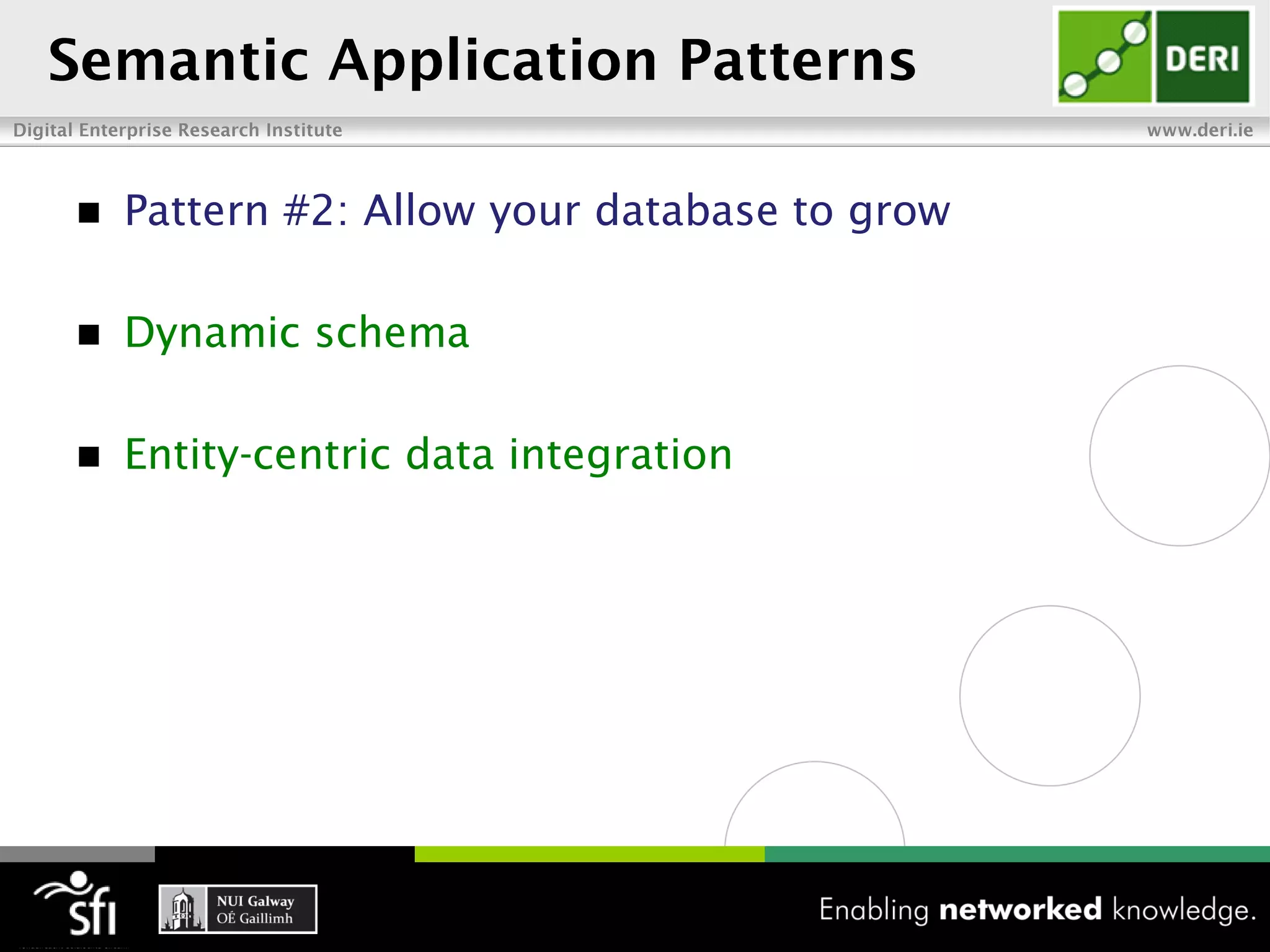    Pattern #2: Allow your database to grow

   Dynamic schema

   Entity-centric data integration
 