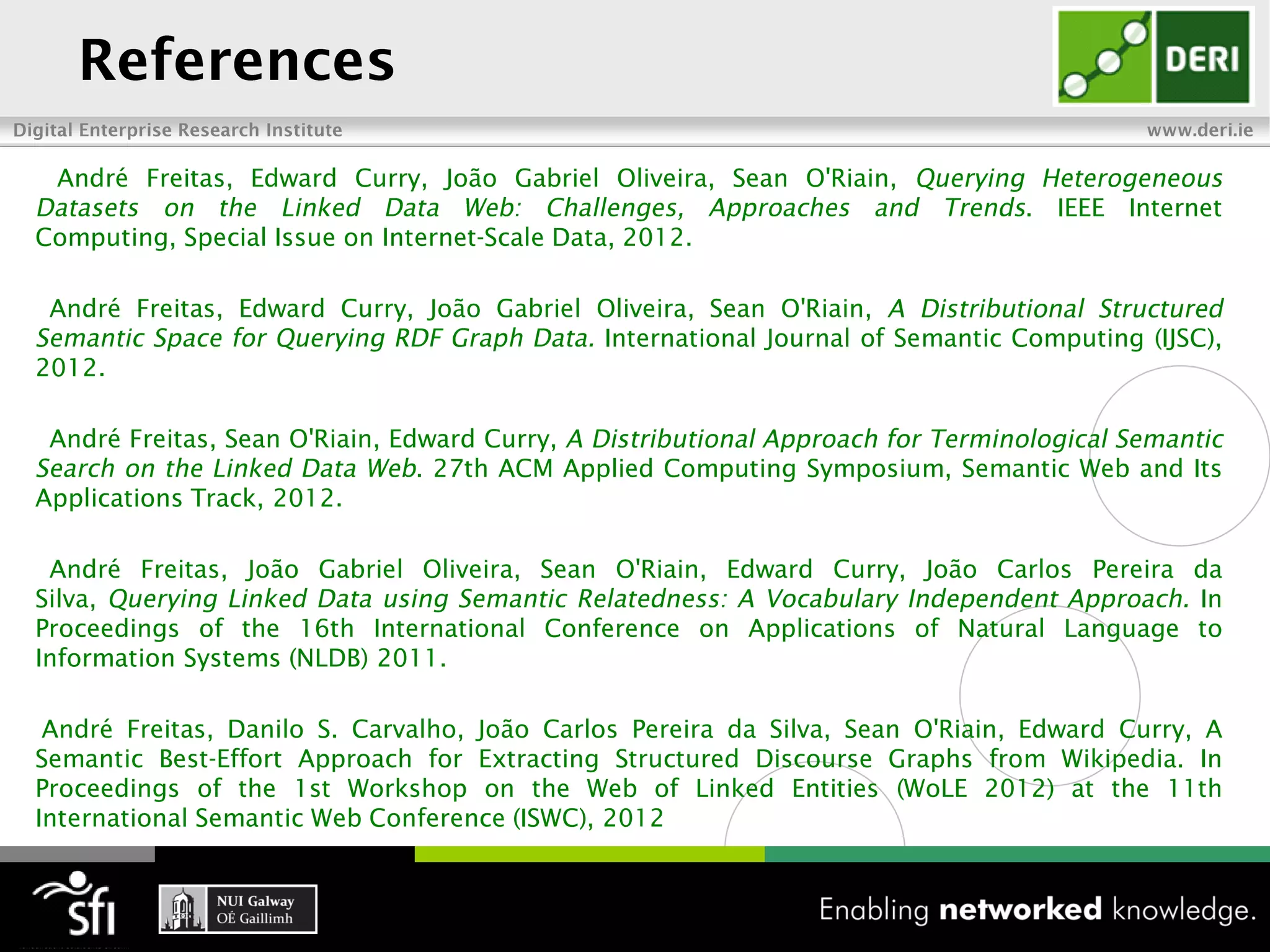 André Freitas, Edward Curry, João Gabriel Oliveira, Sean O'Riain,
                                                                               . IEEE Internet
Computing, Special Issue on Internet-Scale Data, 2012.

 André Freitas, Edward Curry, João Gabriel Oliveira, Sean O'Riain,
                                           International Journal of Semantic Computing (IJSC),
2012.

 André Freitas, Sean O'Riain, Edward Curry,
                                . 27th ACM Applied Computing Symposium, Semantic Web and Its
Applications Track, 2012.

 André Freitas, João Gabriel Oliveira, Sean O'Riain, Edward Curry, João Carlos Pereira da
Silva,                                                                                 In
Proceedings of the 16th International Conference on Applications of Natural Language to
Information Systems (NLDB) 2011.

 André Freitas, Danilo S. Carvalho, João Carlos Pereira da Silva, Sean O'Riain, Edward Curry, A
Semantic Best-Effort Approach for Extracting Structured Discourse Graphs from Wikipedia. In
Proceedings of the 1st Workshop on the Web of Linked Entities (WoLE 2012) at the 11th
International Semantic Web Conference (ISWC), 2012
 