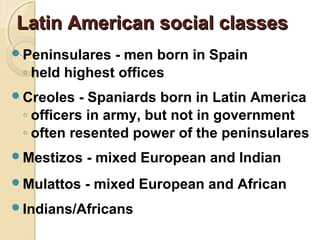 Latin American social classes
Peninsulares  - men born in Spain
 ◦ held highest offices
Creoles   - Spaniards born in Latin America
 ◦ officers in army, but not in government
 ◦ often resented power of the peninsulares
Mestizos   - mixed European and Indian
Mulattos   - mixed European and African
Indians/Africans
 