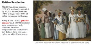 Haitian Revolution
452,000 enslaved persons
(2/3 African-born) controlled
by 32,000 whites produced
~40% of sugar and ~60% of
coffee consumed in Europe.
Many of the 16,000 gens de
couleur and 12,000 freedmen
were prosperous, well-
educated artisans,
shopkeepers or landowners,
but did not have the same
rights as white Frenchmen.
Free Women of Color with their Children and Servants by Agostino Brunias (late 1700s)
 