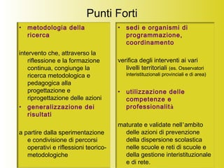 Punti Forti
• metodologia della
ricerca
intervento che, attraverso la
riflessione e la formazione
continua, congiunge la
ricerca metodologica e
pedagogica alla
progettazione e
riprogettazione delle azioni
• generalizzazione dei
risultati
a partire dalla sperimentazione
e condivisione di percorsi
operativi e riflessioni teorico-
metodologiche
• sedi e organismi di
programmazione,
coordinamento
verifica degli interventi ai vari
livelli territoriali (es. Osservatori
interistituzionali provinciali e di area)
• utilizzazione delle
competenze e
professionalità
maturate e validate nell’ambito
delle azioni di prevenzione
della dispersione scolastica
nelle scuole e reti di scuole e
della gestione interistituzionale
e di rete.
 