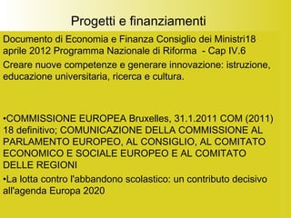 Progetti e finanziamenti
Documento di Economia e Finanza Consiglio dei Ministri18
aprile 2012 Programma Nazionale di Riforma - Cap IV.6
Creare nuove competenze e generare innovazione: istruzione,
educazione universitaria, ricerca e cultura.
•COMMISSIONE EUROPEA Bruxelles, 31.1.2011 COM (2011)
18 definitivo; COMUNICAZIONE DELLA COMMISSIONE AL
PARLAMENTO EUROPEO, AL CONSIGLIO, AL COMITATO
ECONOMICO E SOCIALE EUROPEO E AL COMITATO
DELLE REGIONI
•La lotta contro l'abbandono scolastico: un contributo decisivo
all'agenda Europa 2020
 