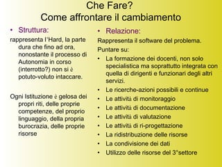 Che Fare?
Come affrontare il cambiamento
• Struttura:
rappresenta l’Hard, la parte
dura che fino ad ora,
nonostante il processo di
Autonomia in corso
(interrotto?) non si è
potuto-voluto intaccare.
Ogni Istituzione è gelosa dei
propri riti, delle proprie
competenze, del proprio
linguaggio, della propria
burocrazia, delle proprie
risorse
• Relazione:
Rappresenta il software del problema.
Puntare su:
• La formazione dei docenti, non solo
specialistica ma soprattutto integrata con
quella di dirigenti e funzionari degli altri
servizi.
• Le ricerche-azioni possibili e continue
• Le attività di monitoraggio
• Le attività di documentazione
• Le attività di valutazione
• Le attività di ri-progettazione
• La ridistribuzione delle risorse
• La condivisione dei dati
• Utilizzo delle risorse del 3°settore
 