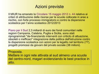 Azioni previste
Il MIUR ha emanato la Circolare 15 maggio 2012 n. 44 relativa ai
criteri di attribuzione delle risorse per le scuole collocate in aree a
rischio, con forte processo immigratorio e contro la dispersione
scolastica per l’anno scolastico 2012/2013
Piano per il Sud 2,3 miliardi di euro dei fondi comunitari nelle
regioni Campania, Calabria, Puglia e Sicilia, sono stati
riprogrammati "de-finanziando interventi con criticità di attuazione,
obsoleti o inefficaci" integrazione della politica dell'istruzione contro
la dispersione scolastica con azioni per la legalità nel territorio (77),
progetti promossi da giovani del privato sociale (38 milioni).
Proposta.
Mettere in ogni rete attivata al sud almeno una scuola
del centro-nord, magari evidenziando le best practice in
atto.
Proposta.
Mettere in ogni rete attivata al sud almeno una scuola
del centro-nord, magari evidenziando le best practice in
atto.
 