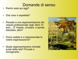 Domande di senso
• Perché siete qui oggi?
• Che cosa vi aspettate?
• Pensate a una rappresentazione del
vissuto professionale negli ultimi 10
anni… E’ lineare, circolare, a spirale,
reticolare, altro?
• Come vedete e vi rappresentate la
vostra organizzazione?
• Quale rappresentazione mentale
avete della rete? Provate a
immaginarla…
 