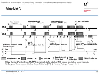 Torsten Braun: Development and Evaluation of Energy-Efficient and Adaptive Protocols for Wireless Sensor Networks



       MaxMAC




                                                                                                                    CSMA


      Philipp Hurni and Torsten Braun. MaxMAC: a maximally traffic-adaptive MAC protocol for wireless sensor networks.
      7th European Conference on Wireless Sensor Networks (EWSN), Coimbra, Portugal, February 2010.



       Belém, October 24, 2011                                                                                             30
 