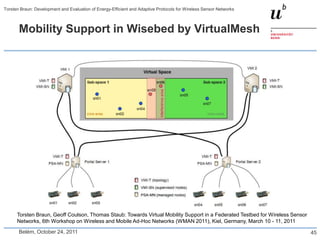 Torsten Braun: Development and Evaluation of Energy-Efficient and Adaptive Protocols for Wireless Sensor Networks



       Mobility Support in Wisebed by VirtualMesh




      Torsten Braun, Geoff Coulson, Thomas Staub: Towards Virtual Mobility Support in a Federated Testbed for Wireless Sensor
      Networks, 6th Workshop on Wireless and Mobile Ad-Hoc Networks (WMAN 2011), Kiel, Germany, March 10 - 11, 2011

       Belém, October 24, 2011                                                                                                  45
 