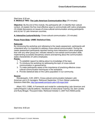 Cross-Cultural Communication




        Start time: 8:35 am
        II. MODULE TWO: The Latin American Communication Way (70 minutes)

        Objective: By the end of this module, the participants will: (1) Identify their cultural
        context, (2) explain the five most effective ways to communicate with Latino employees,
        (3) initiate discussions on issues of cross-cultural communication among participants
        and (4) list 12 Latin American countries.

        A. Interactive Lecture/Activity: Cross-cultural communication. (15 minutes)

        Power Point Slide: UNMC Statistical Data.

        Rationale:
        By introducing the workshop and refereeing to the needs assessment, participants will
        understand why it is important to address cross-cultural communication. During the
        needs assessment participants reported having more interactions Latino employees
        than with any other group and indicate interest in non-verbal communication skills,
        implementing successful disciplinary actions and learning about the communication
        styles characteristic of Latino employees.
        Points:
            1. To establish rapport by talking about my knowledge of the topic.
            2. To introduce the workshop by addressing the topic of cross-cultural
               communication in general terms.
            3. To make participants aware of the importance of practicing effective cross-
               cultural communication techniques in the workplace.
            4. Provide statistical data on the Latino population in our community.

        Source:
           Wenderspahn, G.M. (2001). Cross-cultural communication between Latin
        American and U.S managers. Retrieved September 13 from Global Leadership
        Solutions Web-Site: http://grovewell.com/pub-Latin+US-mgrs.html

           Albert, R.D. (1996). A Framework and model for understanding Latin American and
        Latino/Hispanic cultural patterns. Handbook of Intercultural Training. Ed. Dan Landes
        and Rudy Bhagat. Thousand Oaks: Retrieved October 3, 2007 from NISSI portal.




        Start time: 8:50 am




Copyright © 2009 Proyecto ñ | Lincoln, Nebraska
 