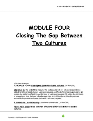 Cross-Cultural Communication




                 MODULE FOUR
            Closing The Gap Between
                  Two Cultures




        Start time 1:00 pm
        IV. MODULE FOUR: Closing the gap between two cultures. (85 minutes)

        Objective: By the end of this module, the participants will: (1) list and explain three
        attitudinal differences between Latino employees and North American supervisors; (2)
        explain the patterns of acting and thinking of Latino employees; (3) utilize the concepts
        of respect and time during a role play exercise; and (4) implement the techniques
        learned to improve their interactions with Latino employees.

        A. Interactive Lecture/Activity: Attitudinal differences: (25 minutes)

        Power Point Slide: Three common attitudinal differences between the two
        cultures.



Copyright © 2009 Proyecto ñ | Lincoln, Nebraska
 
