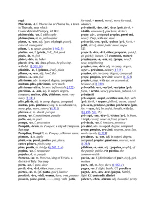 rogō 
Pharsālus, ­ī, f. Pharsa´lus or Pharsa´lia, a town 
in Thessaly, near which 
Cassar defeated Pompey, 48 B.C. 
philosophia, ­ae, f. philosophy 
philosophus, ­ī, m. philosopher 
pictus, ­a, ­um, adj. [part. of pingō, paint], 
colored, variegated 
pīlum, ­ī, n. spear, javelin (§ 462. b) 
piscīna, ­ae, f. [piscis, fish], fish pond 
piscis, ­is, m. fish 
pīstor, ­ōris, m. baker 
placeō. ­ēre, ­uī, ­itus, please, be pleasing, 
with dat. (§ 501.14) 
plānitiēs, ­ēī, f. [plānus, level], plain 
plānus, ­a, ­um, adj. level, flat 
plēnus, ­a, ­um, full 
plūrimum, adv. in superl. degree, compared 
multum, plūs, plūrimum, very much. 
plūrimum valēre, be most influential (§ 322) 
plūrimus, ­a, ­um, adj. in superl. degree, 
compared multus, plūs, plūrimus, most, very 
many (§ 311) 
plūs, plūris, adj. in comp. degree, compared 
multus, plūs, plūrimus; sing. n. as substantive, 
more; plur. more, several (§ 311) 
pluteus, ­ī, m. shield, parapet 
poena, ­ae, f. punishment, penalty 
poēta, ­ae, m. poet 
pompa, ­ae, f. procession 
Pompēiī, ­ōrum, m. Pompeii, a city of Campania. 
See map 
Pompēius, Pompē´ī, m. Pompey, a Roman name 
pōmum, ­ī, n. apple 
pōnō, ­ere, posuī, positus, put, place. 
castra pōnere, pitch camp 
pōns, pontis, m. bridge (§ 247. 2. a) 
popīna, ­ae, f. restaurant 
populus, ­ī, m. people 
Porsena, ­ae, m. Porsena, king of Etruria, a 
district of Italy. See map 
porta, ­ae, f. gate, door 
portō, ­āre, ­āvī, ­ātus, bear, carry 
portus, ­ūs, m. [cf. porta, gate], harbor 
possideō, ­ēre, ­sēdī, ­sessus, have, own, possess 
possum, posse, potuī, ——, irreg. verb [potis, 
forward, + moveō, move], move forward, 
advance 
prō­nūntiō, ­āre, ­āvī, ­ātus [prō, forth, + 
nūntiō, announce], proclaim, declare 
prope, adv., compared propius, proxi­mē, 
nearly. Prep, with acc. near 
prō­pellō, ­ere, ­pulī, ­pulsus [prō, forth, + 
pellō, drive], drive forth; move, impel 
323 
properō, ­āre, ­āvī, ­ātus [properus, quick], 
go quickly, hasten. Cf. contendō, maturō 
propinquus, ­a, ­um, adj. [prope, near], 
near, neighboring 
propior, ­ius, ­ōris, adj. in comp. degree, 
superl., proximus, nearer (§ 315) 
propius, adv. in comp. degree, compared 
prope, propius, proximē, nearer (§ 323) 
propter, prep. with acc. on account of, 
because of (§ 340) 
prō­scrībō, ­ere, ­scrīpsī, ­scriptus [prō, 
forth, + scribō, write], proclaim, publish. Cf. 
prōnūntiō 
prō­sequor, ­sequī, ­secūtus sum, dep. verb 
[prō, forth, + sequor, follow], escort, attend 
prō­sum, prōdesse, prōfuī, prōfutūrus [prō, 
for, + sum, be], be useful, benefit, with dat. 
(§§ 496; 501.15) 
prō­tegō, ­ere, ­tēx=i], ­tēctus [prō, in front, 
+ tegō, cover], cover in front, protect 
prōvincia, ­ae, f. territory, province 
proximē, adv. in superl. degree, compared 
prope, propius, proximē, nearest, next; last, 
most recently (§ 323) 
proximus, ­a, ­um, adj. in superl. degree, 
compared propior, proximus, nearest, next 
(§ 315) 
pūblicus, ­a, ­um, adj. [populus,people], of 
the people, public, res pūblica, the 
commonwealth 
puella, ­ae, f. [diminutive of puer, boy], girl, 
maiden 
puer, ­eri, m. boy; slave (§ 462. c) 
pugna, ­ae, f ­fight, battle. Cf. proelium 
pugnō, ­āre, ­āvī, ­ātus [pugna, battle], 
fight. Cf. contendō, dīmicō 
pulcher, ­chra, ­chrum, adj. beautiful, pretty
 