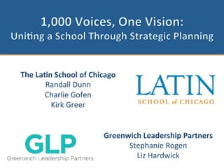 The	
  La'n	
  School	
  of	
  Chicago	
  
Randall	
  Dunn	
  
Charlie	
  Gofen	
  
Kirk	
  Greer	
  
	
  
	
  
Greenwich	
  Leadership	
  Partners	
  
Stephanie	
  Rogen	
  
Liz	
  Hardwick	
  
 
