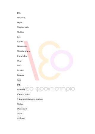  
  
Β1.
Proxime
Opes
Magis nimia
Nullius
Ipsi
Extero
Discrimina
Nobilia genera
Exercitibus
Omni
Illud
Partum
Istarum
Sibi
B2.
Habento
Cautum, cautu
Tutantem-tutaturum-tutatum
Nolles
Deposuerit
Nasci
Abibunt
 