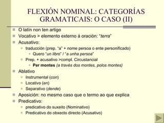 FLEXIÓN NOMINAL: CATEGORÍAS GRAMATICAIS: O CASO (II) O latín non ten artigo Vocativo > elemento externo á oración: “ terra ” Acusativo:  traducción (prep. “a” + nome persoa o ente personificado) Quero “ un libro ” / “ a unha persoa ” Prep. + acusativo >compl. Circustancial Per montes  (a través dos montes, polos montes) Ablativo Instrumental ( con ) Locativo ( en ) Separativo ( dende ) Aposición: no mesmo caso que o termo ao que explica Predicativo:  predicativo do suxeito (Nominativo) Predicativo do obxecto directo (Acusativo) 