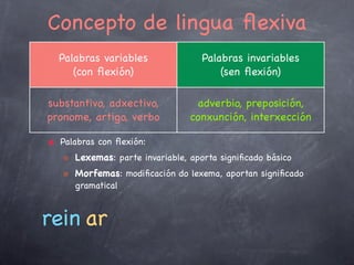Categorías gramaticais no verbo

☝

Formas persoais:
tempos verbais en voz activa e pasiva
INDICATIVO

Tema de
presente

Tema de
perfecto

☜

SUBXUNTIVO

•
•
•

Presente
Pretérito imperfecto
Futuro imperfecto

•
•

Presente
Pretérito Imperfecto

•
•
•

Pretérito Perfecto
Pretérito Pluscuamp.
Futuro Perfecto

•
•

IMPERATIVO

Pretérito Perfecto
Pretérito Pluscuamp.

•
•

Presente
Futuro

☞
16

 
