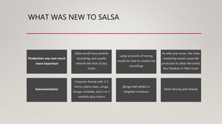 WHAT WAS NEW TO SALSA
Production was now much
more important
Salsa would have pristine
recordings and quality
artwork like that of pop
music
Large amounts of money
would be used to market the
recordings
As with pop music, the mass
marketing would cause the
producers to allow the artists
less freedom in their music
Instrumentation
Conjunto format with 2-5
horns, piano, bass, conga,
bongo, timbales, and 1 or 2
vocalists plus chorus
Bongo bell added to
heighten montuno
More driving and intense
 