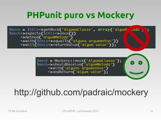 PHPunit puro vs Mockery




    http://github.com/padraic/mockery
19 de Outubro      COLAPHP - Latinoware 2011   16
 