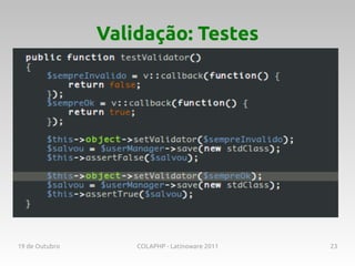 Validação: Testes




19 de Outubro       COLAPHP - Latinoware 2011   23
 