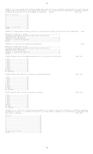 16


P52WVSD. Por favor usando esta tarjeta, dígame para cada una de las siguientes afirmaciones si usted cree que
siempre pueden justificarse o nunca pueden justificarse o si su opinión está en algún punto intermedio. Donde"1"
es “nunca se justifica” y "10" es “siempre se justifica”…  Aborto                             (194, 195)

Nunca se justifica...........01
2............................02
3............................03
4............................04
5............................05
6............................06
7............................07
8............................08
9............................09
Siempre se justifica.........10
NS/NR........................00

P53WVSA. Si usted pudiera escoger, ¿cuál de las cosas en esta tarjeta diría que es la más importante?   (196)

Mantener el orden en la nación...........................................1
Dar mayor oportunidad a la gente de participar en decisiones
gubernamentales importantes..............................................2
Combatir el alza de precios..............................................3
Proteger la libertad de expresión........................................4
NS/NR....................................................................0

P53WVS.B. ¿Y cuál sería la segunda más importante?                                                      (197)

Mantener el orden en la nación...........................................1
Dar mayor oportunidad a la gente de participar en decisiones
gubernamentales importantes..............................................2
Combatir el alza de precios..............................................3
Proteger la libertad de expresión........................................4
NS/NR....................................................................0

P54STA.¿Cuántos días en la semana pasada miró Ud. las noticias en televisión?                   (198, 199)

1 día........................01
2 días.......................02
3 días.......................03
4 días.......................04
5 días.......................05
6 días.......................06
7 días.......................07
Ninguno......................96
No sabe......................98
No responde..................00

P54STB.¿Cuántos días leyó Ud. noticias en un periódico/diario?                                  (200, 201)

1 día........................01
2 días.......................02
3 días.......................03
4 días.......................04
5 días.......................05
6 días.......................06
7 días.......................07
Ninguno......................96
No sabe......................98
No responde..................00

P54STC.¿Cuántos días   oyó Ud. noticias en la radio?                                            (202, 203)

1 día........................01
2 días.......................02
3 días.......................03
4 días.......................04
5 días.......................05
6 días.......................06
7 días.......................07
Ninguno......................96
No sabe......................98
No responde..................00

1P55STA. De la lista de instituciones que están en la tarjeta, por favor evalúelas en términos generales,
poniéndoles nota de 0 a 10, siendo 0 “muy malo” y 10 “muy bueno” o dígame si no ha escuchado lo suficiente como
para opinar ….Mercosur                                                                        (204, 205)

Muy malo.......................................00
1..............................................01
2..............................................02
3..............................................03
4..............................................04
5..............................................05
6..............................................06
7..............................................07
8..............................................08
9..............................................09
10.............................................10
No conoce/ No ha oido..........................11
NS/NR..........................................98




                                                        16
 
