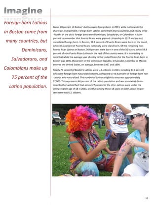 10
About 48 percent of Boston’s Latinos were foreign born in 2013, while nationwide the
share was 35.8 percent. Foreign-born Latinos come from many countries, but nearly three
-fourths of the city’s foreign born were Dominican, Salvadoran, or Colombian. It is im-
portant to remember that Puerto Ricans were granted citizenship in 1917 and are not
considered foreign born. In Boston, 38.3 percent of Puerto Ricans were born on the island,
while 30.6 percent of Puerto Ricans nationally were island born. Of the remaining non-
Puerto Rican Latinos in Boston, 36.0 percent were born in one of the 50 states, while 59.4
percent of non-Puerto Rican Latinos in the rest of the country were. It is interesting to
note that while the average year of entry to the United States for the Puerto Rican-born in
Boston was 1990, those born in the Dominican Republic, El Salvador, Colombia or Mexico
entered the United States, on average, between 1997 and 1999.
Nearly 70 percent of Boston’s Latinos were U.S. citizens in 2013, including 37.6 percent
who were foreign-born naturalized citizens, compared to 49.9 percent of foreign-born non
-Latinos who naturalized. The number of Latinos eligible to vote was approximately
57,000. This represents 46 percent of the Latino population and was somewhat dimin-
ished by the twofold fact that almost 27 percent of the city’s Latinos were under the
voting-eligible age of 18 in 2013, and that among those 18 years or older, about 36 per-
cent were not U.S. citizens.
Foreign-born Latinos
in Boston come from
many countries, but
Dominicans,
Salvadorans, and
Colombians make up
75 percent of the
Latino population.
 