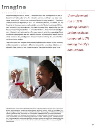 14
Unemployment
ran at 12%
among Boston’s
Latino residents
compared to 7%
among the city’s
non-Latinos.
Employment by industry of Boston’s Latino labor force was broadly similar to that of
Boston’s non-Latino labor force. The education services, health care and social assis-
tance “supersector”8
was the top employer of Boston’s Latino workers (27.7 percent)
and non-Latinos (33.4 percent) in 2013. The information, finance, real estate, and pro-
fessional services supersector employed 22.6 percent of Boston’s Latinos and 29 per-
cent of Boston’s non-Latino workers. The trade, transportation, warehousing and utili-
ties supersector employed about 14 percent of Boston’s Latino workers and 12.8 per-
cent of Boston’s non-Latino workers. The supersector in which there was a significant
difference in employment was arts & entertainment, accommodation & food services,
which employed about 18.3 percent of Boston’s Latinos but only 10.5 percent of Bos-
ton’s non-Latino workers.
The construction and hospital industries employed Boston’s Latinos in large numbers,
and there was not as significant a difference between the percentage of Latinos em-
ployed in these industries and the percentage of the city’s non-Latino labor force.
8
North American Industrial Classification System (NAICS) codes are combined to create nine “supersector”
groups. Natural Resources contains sub classifications of agriculture, forestry, fishing and hunting and min-
ing, quarrying, and oil and gas extraction. Trade, Transportation, Warehousing, and Utilities contains classifi-
cations of wholesale trade, retail trade, and transportation and warehousing, and utilities. Information,
Finance, Real Estate, and Professional Services combines the classifications of information, finance and insur-
ance, and real estate, and rental and leasing, professional, scientific, and management, and administrative,
and waste management services. Care and Social Assistance contains the categories of educational services
and health care and social assistance. Other Services contains the category other services, except public
administration.
 