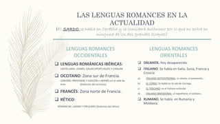 LAS LENGUAS ROMANCES EN LA
ACTUALIDAD
(El SARDO se habla en Cerdeña y se considera autónomo por lo que no entra en
ninguna de los dos grandes bloques)
LENGUAS ROMANCES
OCCIDENTALES
 LENGUAS ROMÁNICAS IBÉRICAS:
CASTELLANO, LEONÉS, GALAICOPORTUGUÉS Y CATALÁN
 OCCITANO: Zona sur de Francia.
LEMOSÍN, PROVENZAL Y GASCÓN o ARANÉS en el valle de
Arán (Dialectos del occitano)
 FRANCÉS: Zona norte de Francia.
 RÉTICO:
ROMANCHE, LADINO Y FRIULANO (Dialectos del rético)
LENGUAS ROMANCES
ORIENTALES
 DÁLMATA. Hoy desaparecido.
 ITALIANO. Se habla en Italia, Suiza, Francia y
Croacia
a) ITALIANO SEPTENTRIONAL: el véneto, el piamontés…
b) EL CORSO. Se habla en la isla de Córcega.
c) EL TOSCANO: es el italiano estándar
d) ITALIANO MERIDIONAL: el napolitano, el siciliano…
 RUMANO. Se habla en Rumanía y
Moldavia.
 