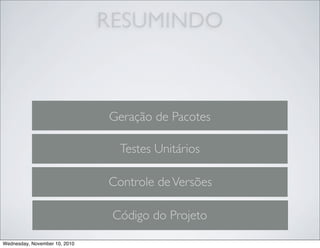 RESUMINDO
Código do Projeto
Controle deVersões
Testes Unitários
Geração de Pacotes
Wednesday, November 10, 2010
 