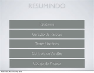 RESUMINDO
Código do Projeto
Controle deVersões
Testes Unitários
Geração de Pacotes
Relatórios
Wednesday, November 10, 2010
 