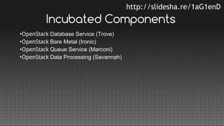 http://slidesha.re/1aG1enD

Incubated Components
•OpenStack Database Service (Trove)
•OpenStack Bare Metal (Ironic)
•OpenStack Queue Service (Marconi)
•OpenStack Data Processing (Savannah)

 