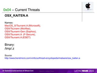 12 Conferencia Latino-americana de Software Livreª Mach-O – A New Threat
0x04 – Current Threats
OSX_KAITEN.A
Names:
MacOS_...