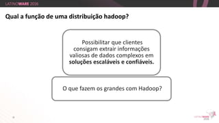20
Possibilitar que clientes
consigam extrair informações
valiosas de dados complexos em
soluções escaláveis e confiáveis.
O que fazem os grandes com Hadoop?
Qual a função de uma distribuição hadoop?
 