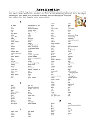 Root Word List
One of the most difficult things about studying science (especially biology and medicine) is the many names and terms that
seem difficult. Most of them are based on Latin or Greek words. By using the following glossary you may be able to figure
the meaning of many of these terms as you come across them, which might help you to understand
them and learn them. Keep this packet in your science notebook.


                     A
                                                                  carcin-                    tumor
   a- or an-                  without, lack of, not               cardi-                     heart
   ab-                        away from                           carn-                      flesh
   acro-                      height, extremity                   carp- (-carp)              wrist (fruit)
   acu-                       needle, sharp                       cata-                      down
   ad-                        toward, near, on                    cauda-                     stem
   aer-, aero-                air                                 caus-                      burn
   albu-                      white                               -cele                      tumor or swelling
   alg-, -algia               pain                                -centesis                  puncture, tap
   allo-                      different                           centi-                     hundredth
   alveol-                    a cavity                            centri-                    center; at the center
   ambi-, amphi-              both                                cephal-                    head
   amyl-                      starch                              cereb-, cerebro-           brain
   ana-                       up, back, or apart                  cervic-                    neck
   anemo                      wind, moving air                    chiasm-                    marked crosswise
   angio-                     vessel, case, closed                chel-                      claw
   annel                      ring                                chemo-                     by chemicals
   antho-, -anth              flower                              chlor-                     green
   anthro-, anthropo-         human                               choano-                    a funnel
   anti-                      against, opposed to                 chole-                     bile
   ante-, antero-             before, forward                     chondro-                   cartilage
   apo-                       away from, separation               chord                      string
   aqua                       water                               chrom-, chromat-           color
   arachn-                    spider                              chym-                      juice
   arch-, archaeo-            ancient, beginning                  -cide                      kill, destroy
   arthro-                    joint, jointed                      cilia-                     hair
   arteri-                    artery                              circum-                    around
   -ase                       an enzyme                           cocco-                     berry
   -asis, -osis               state of, condition of              cochl-                     snail
   aster, astro-              star                                coelo-, celo-              hollow, cavity
   atmo-                      breath                              coit-                      a coming together
   audi-, audio-              hear                                coll-                      glue
   auto-                      self                                co-, con-, com-, co-       with, together
   aux-                       grow, enlarge                       contra-                    against, opposite
                                                                  corpor-, corpus            body
                                                                  cost                       ribs
                     B                                            cotyl                      cup
                                                                  cranio-                    head, skull
   bac-                       rod, stick                          crypto-                    hidden
   bentho-                    depths (of the sea)                 -cule                      little
   bi-, bis-                  double, twice, two                  cuti-                      skin
   bio-                       life                                cyan-                      blue
   blasto-, -blast            germ                                cyclo-                     circle
   blephero-                  eyelid                              cysto-, cyst-              bag
   bot-                       graze, feed                         cyt-, cyto-, -cyte         cell
   brachi-                    arm
   brady-                     slow
   brevi-                     short                                              D
   bronchi                    windpipe
   bry-, bryo                 moss or grow                        dactyl-                    finger
                                                                  de-                        away from, down from
                                                                  deca-                      ten
                     C                                            deci-                      tenth
                                                                  deutero-                   second
   capi-, capit-              hair, head                          demi-                      half
   calor-                     heat                                demo-                      people
   capsa-                     a box                               dendr-                     tree
   carb-                      coal
 