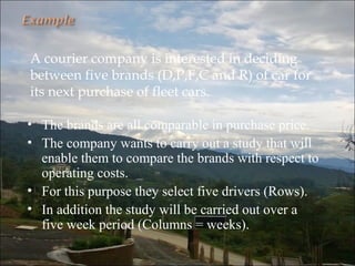 A courier company is interested in deciding
between five brands (D,P,F,C and R) of car for
its next purchase of fleet cars.
• The brands are all comparable in purchase price.
• The company wants to carry out a study that will
enable them to compare the brands with respect to
operating costs.
• For this purpose they select five drivers (Rows).
• In addition the study will be carried out over a
five week period (Columns = weeks).
 