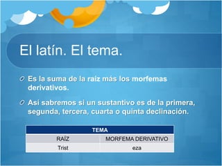 El latín. El tema.
Es la suma de la raíz más los morfemas
derivativos.
Así sabremos si un sustantivo es de la primera,
segunda, tercera, cuarta o quinta declinación.
TEMA
RAÍZ MORFEMA DERIVATIVO
Trist eza
 