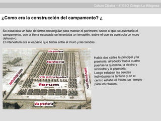 Cultura Clásica – 4º ESO Colegio La Milagrosa
¿Como era la construcción del campamento? ¿
Se excavaba un foso de forma rectangular para marcar el perímetro, sobre el que se asentaría el
campamento, con la tierra escacada se levantaba un terraplén, sobre el que se construía un muro
defensivo.
El intervallum era el espacio que había entre el muro y las tiendas.
Había dos calles la principal y la
praetoria, alrededor había cuatro
puertas la quintana, la dextra y
sininistra y la praetoria.
Luego estaban las tiendas
individuales la tentoria y en el
centro estaba el forum, un templo
para los rituales.
 