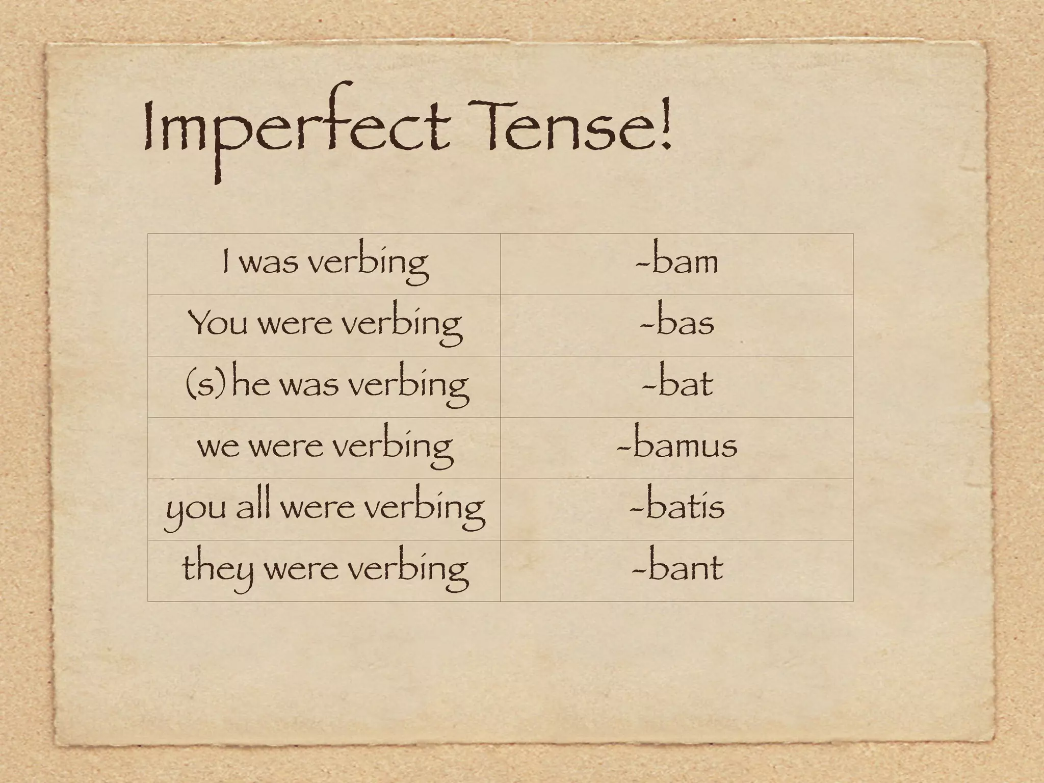 Imperfect Tense!
   I was verbing       -bam
 You were verbing       -bas
 (s)he was verbing      -bat
 we were verbing       -bamus
you all you averbing
        were           -batis
 they were verbing     -bant
 