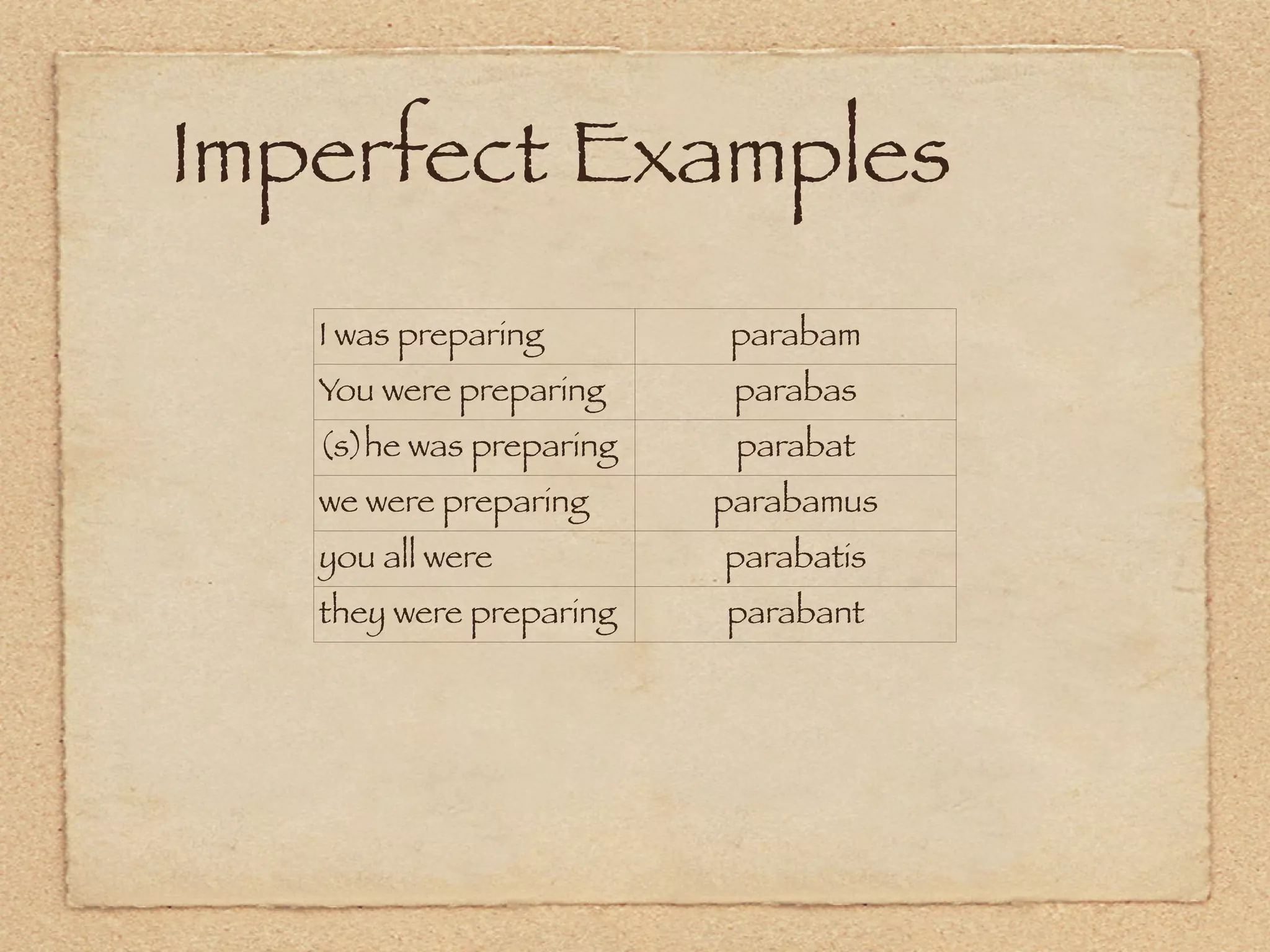 Imperfect Examples
   I was preparing       parabam
   You were preparing     parabas
   (s)he was preparing    parabat
   we were preparing     parabamus
   you a were
       all               parabatis
   preparing preparing
   they were             parabant
 