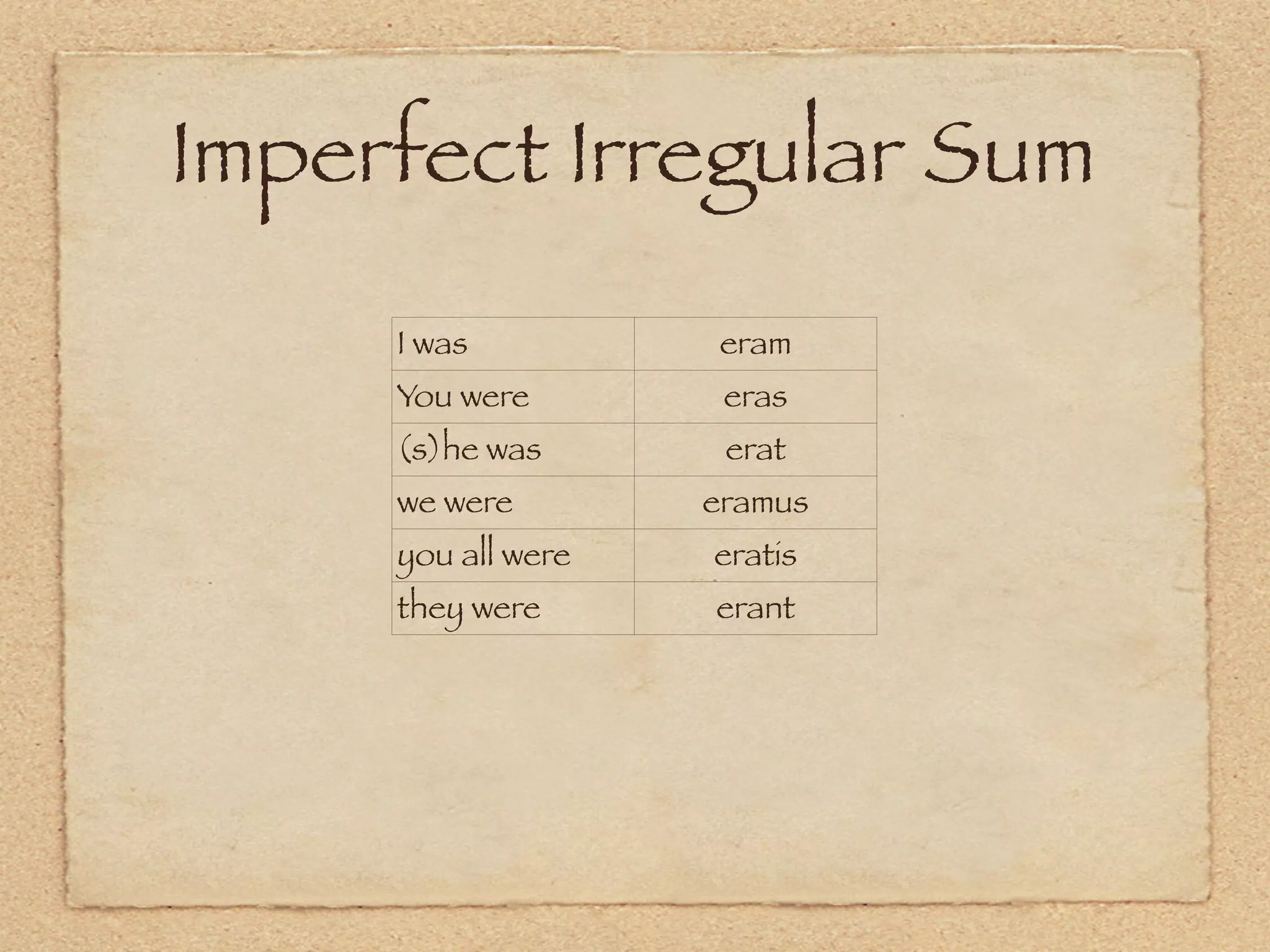 Imperfect Irregular Sum
     I was        eram
     You were      eras
     (s)he was     erat
     we were      eramus
     you a were
         all      eratis
     preparing
     they were    erant
 