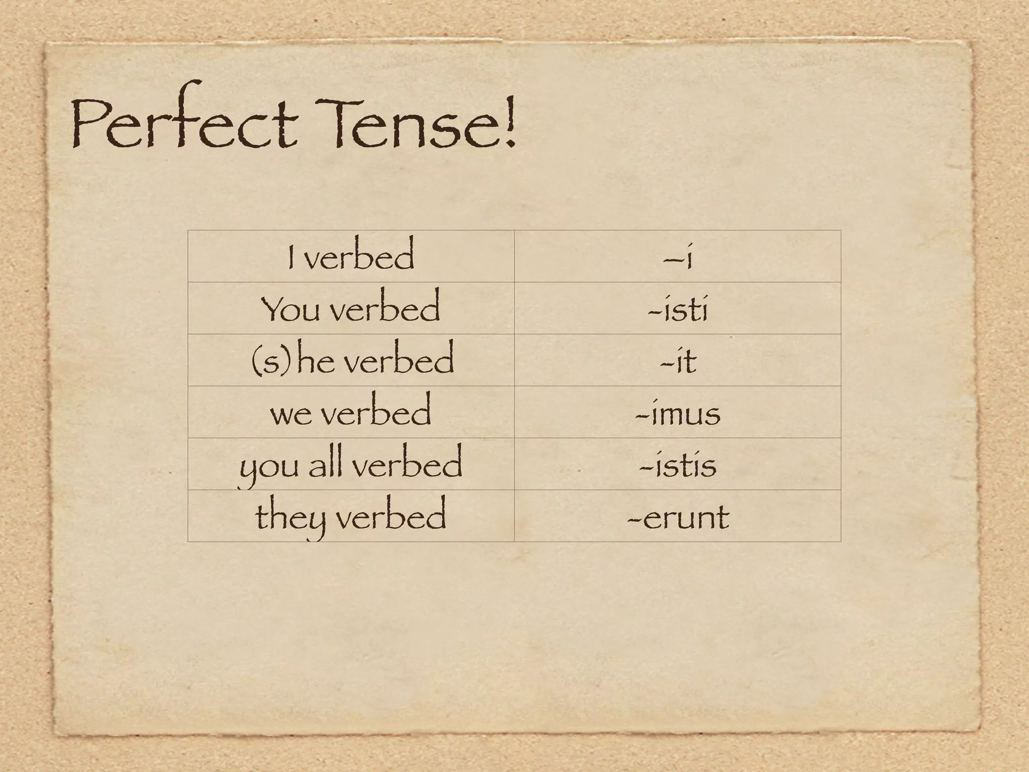 Perfect Tense!
        I verbed          –i
      You verbed         -isti
     (s)he verbed         -it
       we verbed       -imus
     you you a
          all verbed    -istis
      they verbed      -erunt
 
