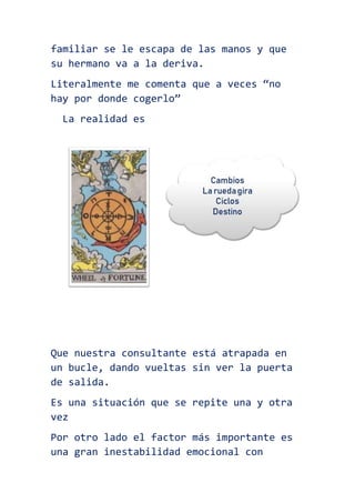 familiar se le escapa de las manos y que
su hermano va a la deriva.
Literalmente me comenta que a veces “no
hay por donde cogerlo”
La realidad es
Que nuestra consultante está atrapada en
un bucle, dando vueltas sin ver la puerta
de salida.
Es una situación que se repite una y otra
vez
Por otro lado el factor más importante es
una gran inestabilidad emocional con
 