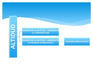 ALTIDUD
AUMENTAR LA ALTITUD ----DISMINUYE
LA TEMPERATURA
AUMENTAR LA ALTITUD ----DISMINUYE
LA PRESION ATMOSFERICA
OXIGENO (MAS ESCASO)
 